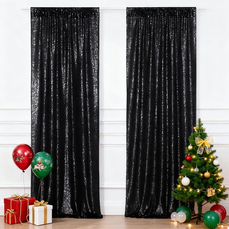 Eternal Beauty Black Sequin Backdrop Curtains, Halloween Shimmer Back Drop 2Panels-2FTx8FT for Christmas, Party, Birthday, Photography, Wedding, Baby Shower Event Decoration - Image 2